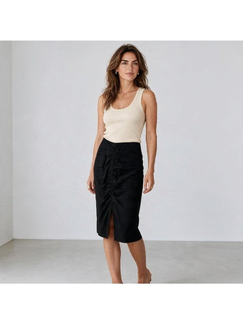 Massimo Dutti Black Ruched Front Midi Skirt Size 8